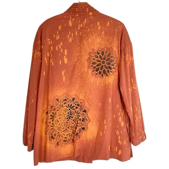 Vintage Upcycled Jacket Womens Size Large Handmade Stencil Floral Orange Brown - Picture 2 of 16